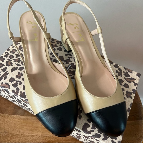 French Sole Beige and Black Slingback Heels - Picture 3 of 7